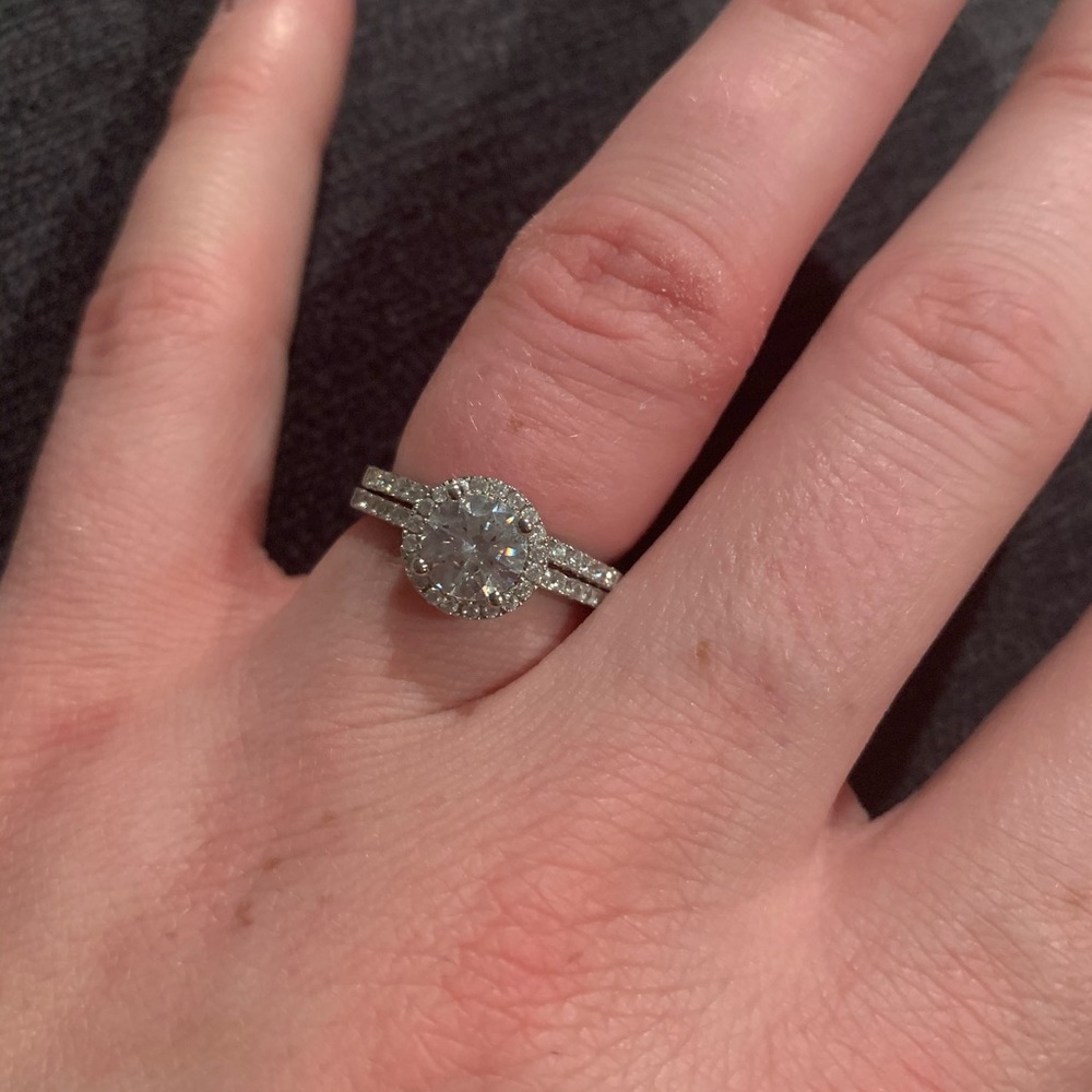 Solitaire Halo Engagement Ring Wedding Set - Picture 2 of 4